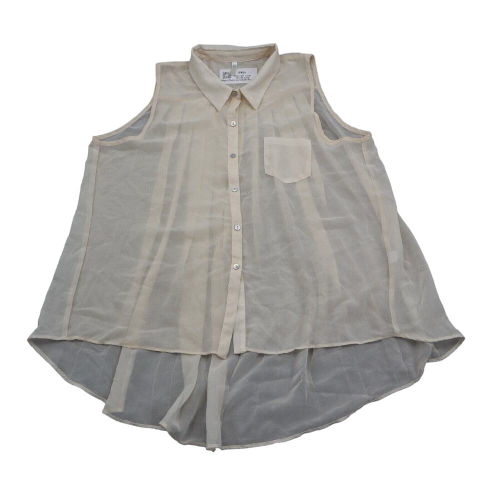 Nine Bird Shirt Womens L Ivory Sheer Chiffon Button Up Sleeveless Collared Top